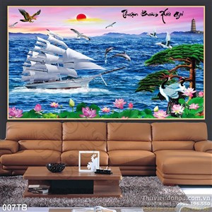 Tranh thuận buồm xuôi gió con thuyền trên mặt biển xanh ngất in uv