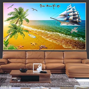 Tranh thuận buồm xuôi gió và bãi cát vàng cảnh hoàng hôn wall 3d