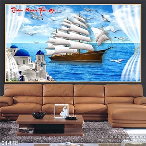 Tranh thuận buồm xuôi gió trên biển và ngôi nhà màu trắng 3d đẹp mắt