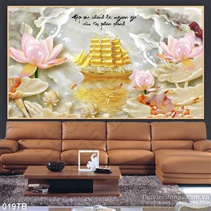 Tranh thuyền buồm xuôi gió mạ và và hoa sen giả ngọc