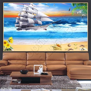 Tranh thuận buồm xuôi gió bãi cát vàng và bông hoa hướng dương 3d