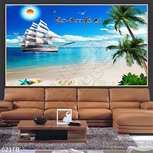 Tranh thuận buồm xuôi gió cây dừa và bãi cát trắng