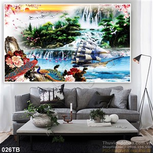 Tranh thuận buồm xuôi gió thác nước và con chim công