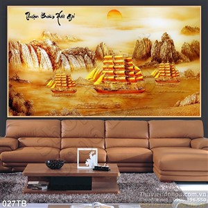 Tranh thuyền buồm xuôi gió mạ vàng và cảnh núi vẽ tay 3d ấn tượng uv