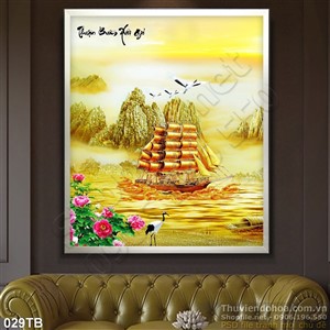 Tranh thuận buồm xuôi gió 3d khổ dọc wall và con thuyền bằng vàng