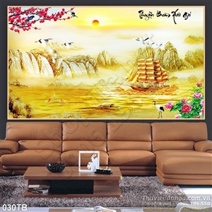 Tranh thuận buồm xuôi gió khổ ngang 3d con thuyền vàng chạy trên biển