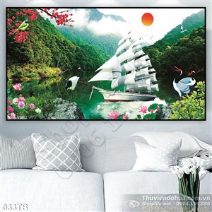 Tranh thuận buồm xuôi gió núi rừng và con thuyền trên mặt hồ wall 3d