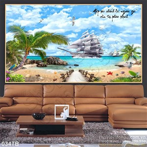 Tranh thuận buồm xuôi gió lối đi ra biển và cây dừa 3d wall