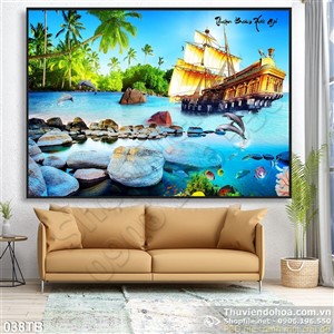 Tranh thuận buồm xuôi gió con thuyền cổ và những hòn đá dưới biển in uv