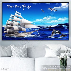 Tranh thuyền buồm xuôi gió vượt biển nguy hiểm file chất lượng cao