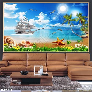 Tranh thuận buồm xuôi gió ánh nắng bình mình và con sao biển