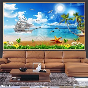 Tranh thuận buồm xuôi gió ánh nắng bình mình và con sao biển wall 3d