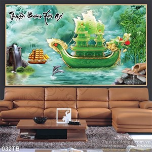 Tranh thuận buồm xuôi gió 3d giả ngọc con thuyền rồng, cây tre