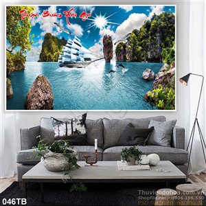 Tranh thuận buồm xuôi gió vịnh hạ long và con cá heo wall