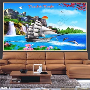 Tranh thuận buồm xuôi gió hoa sen và núi cao psd