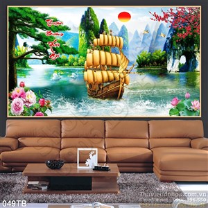 Tranh thuận buồm xuôi gió 3d wall và con thuyền gỗ cập bến
