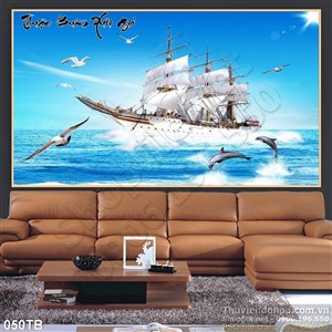 Tranh thuyền buồm xuôi gió con thuyền lớn ngoài biển khơi psd in uv file chất lượng cao