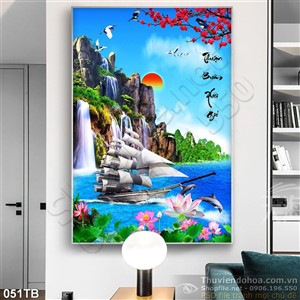 Tranh thuận buồm xuôi gió khổ dọc 3d và hoa sen psd