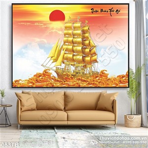 Tranh thuận buồm xuôi gió phú quý con thuyền bằng vàng và đống vàng in uv