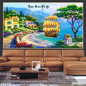 Tranh thuận buồm xuôi gió sơn dầu cảnh thuyền gỗ cập bến 3d