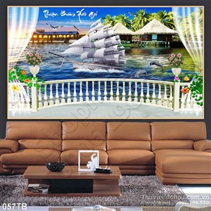 Tranh thuận buồm xuôi gió ban công khu resort và con thuyền