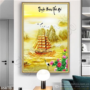 Tranh thuận buồm xuôi gió vẽ tay con thuyền mạ vàng đẹp in uv psd