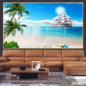 Tranh thuận buồm xuôi gió con thuyền cập vào bờ cát trắng