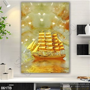 Tranh thuận buồm xuôi gió nền giả ngọc và con thuyền vàng ấn tượng