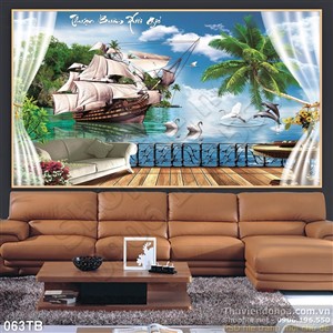 Tranh thuận buồm xuôi gió con thuyền lớn và thiên nga bơi lội