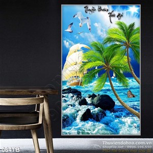 Tranh thuyền buồm xuôi gió cây dừa và cơn sóng dữ 3d
