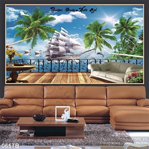 Tranh thuận buồm xuôi gió ban công nhìn ra con thuyền ngoài biển