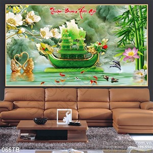 Tranh thuận buồm xuôi gió con thuyền 3d giả ngọc màu xanh biếc wall