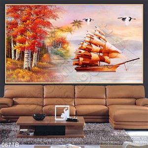 Tranh thuận buồm xuôi gió con thuyền và cảnh mùa thu đẹp in uv