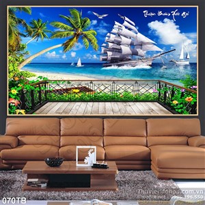 Tranh thuận buồm xuôi gió ban công đẹp ngắm nhìn 3d con thuyền lớn