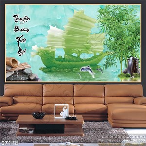 Tranh thuận buồm xuôi gió con thuyền rồng giả ngọc màu xanh biếc phú quý psd