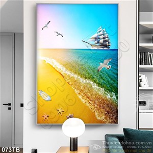 Tranh thuyền buồm xuôi gió cảnh hoàng hồn và bãi cát vàng