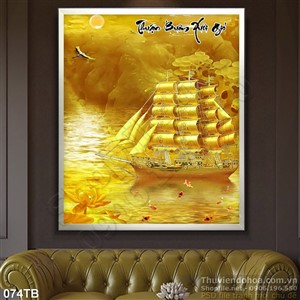 Tranh thuận buồm xuôi gió giả ngọc wall con thuyền vàng rồng