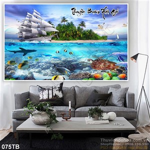 Tranh thuận buồm xuôi gió đại dương và hòn đảo nhỏ