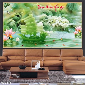 Tranh thuận buồm xuôi gió 3d giả ngọc và con thuyền rồng bằng ngọc màu xanh in uv