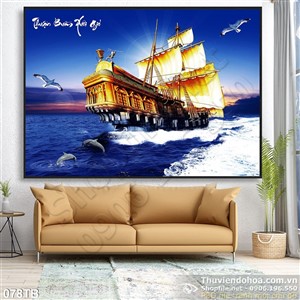 Tranh thuận buồm xuôi gió con thuyền gỗ lớn vượt biển khơi 3d