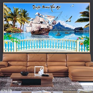 Tranh thuận buồm xuôi gió ban công trắng và con thuyền lớn ra biển 3d