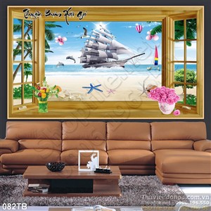 Tranh thuyền buồm xuôi gió cửa sổ bãi cát dài và con thuyền lớn