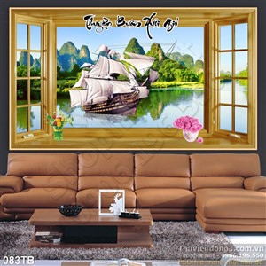 Tranh thuận buồm xuôi gió cửa sổ núi cao và con thuyền trên sông