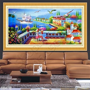 Tranh thuận buồm xuôi gió cô gái uống trà ngắm nhìn con thuyền