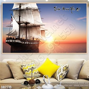 Tranh thuận buồm xuôi gió bình mình và con thuyền ra khơi