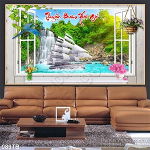 Tranh thuận buồm xuôi gió cửa sổ 3d con thuyền và vách núi