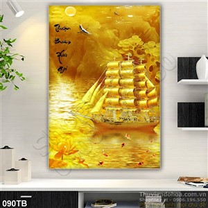 Tranh thuận buồm xuôi gió wall 3d giả ngọc con thuyền bằng vàng
