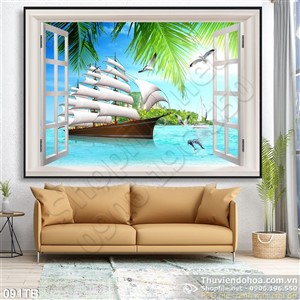 Tranh thuận buồm xuôi gió cửa sổ trắng và con thuyền neo đậu