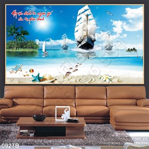 Tranh thuận buồm xuôi gió bãi biển trắng và đoàn thuyền cập bờ in uv file chất lượng cao