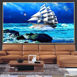 Tranh thuận buồm xuôi gió bãi đá ngầm và con thuyền cập bờ